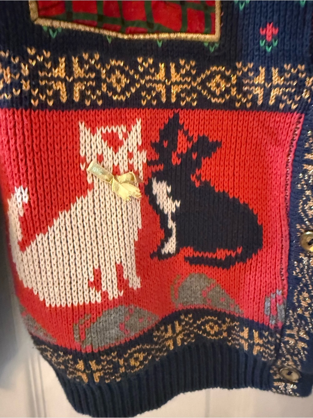 Vintage Sweater Loft Christmas Navy & Red Cat Patchwork Cardigan Sweater - Picture 3 of 10